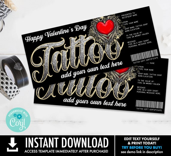 Valentine Tattoo Gift Certificate - Heart Wings Design - Get Inked Gift Card Voucher | Self-Edit with CORJL - INSTANT DOWNLOAD Printable