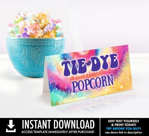 Tie Dye Party Food Labels - Hippie Birthday Party, Table Tents,Buffet Labels,Place Cards | Self-Edit with CORJL - INSTANT DOWNLOAD Printable Il_570xn