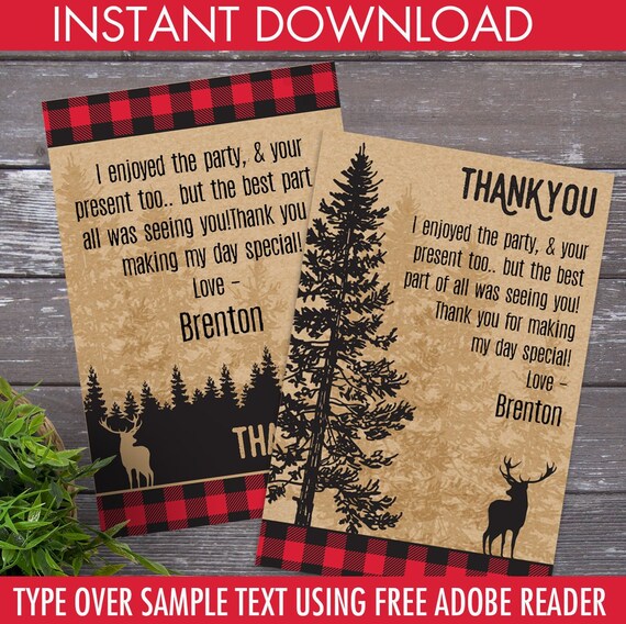 Lumberjack Party Thank You Card - Lumberjack & Jill Thank You, Birthday, Buffalo Plaid | DIY Editable Text Instant Download PDF Printable Il_570xn