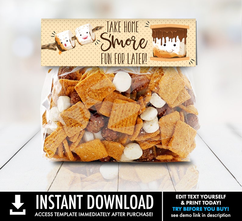 S'more Party Favor Bag Topper S'more 6.75 Treat Topper, S'more Treats Self-Editing with CORJL INSTANT DOWNLOAD Printable image 1