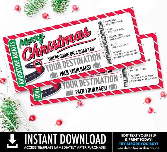 Christmas Road Trip Ticket Gift Voucher, Road Trip Holiday Vacation | Self-Edit with CORJL - INSTANT DOWNLOAD Printable Il_570xn