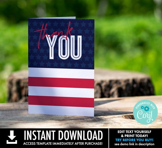 Red White & Blue Thank You Card Folded- Patriotic Themed - Wedding, Baby, Bridal Shower | Self-Edit with CORJL - INSTANT DOWNLOAD Printable