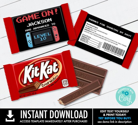 Kit Kat Candy Bar Label/Wrapper - Game Controller, Video Game Party Favor | Self-Edit with CORJL - INSTANT Download Printable Il_570xn