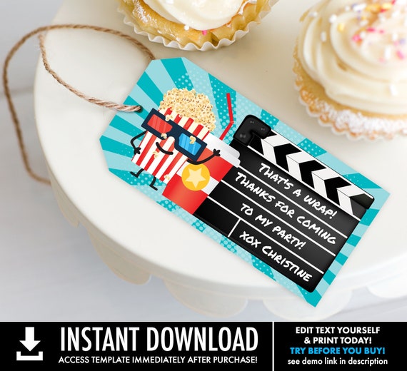 Movie Party Favor Tag - Movie Birthday Tag, Thank You Tag,Birthday Party Favors | Self-Edit with CORJL - INSTANT DOWNLOAD Printable Template Il_570xn