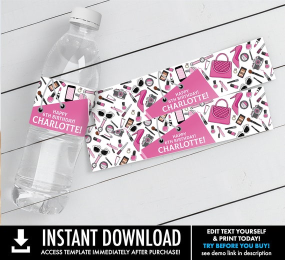 Mall Scavenger Hunt Water Bottle Label/Wrappers - Mall Birthday Party, Drink Label | Self-Editing with CORJL - INSTANT DOWNLOAD Printable