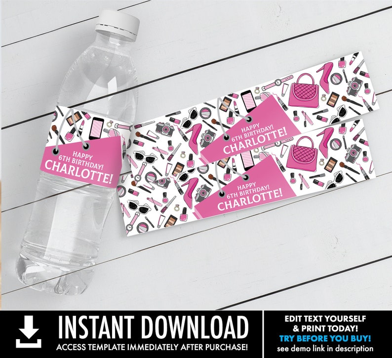 Mall Scavenger Hunt Water Bottle Label/Wrappers Mall Birthday Party, Drink Label Self-Editing with CORJL INSTANT DOWNLOAD Printable image 1