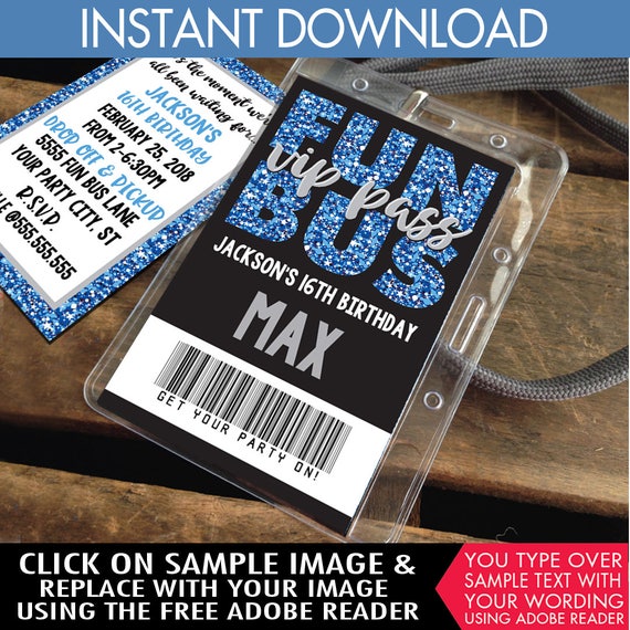 Fun Bus Vip I D Badge Invitation Party Bus Invite Party Etsy