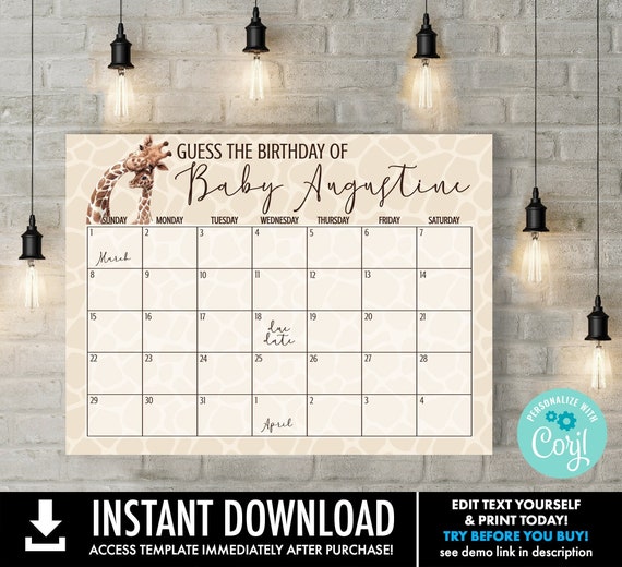 Giraffe Due Date Calendar Game, Guess Baby's Birthday Prediction Shower Game | Self-Edit with CORJL - INSTANT DOWNLOAD Printable