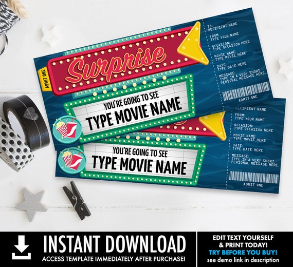 surprise movie ticket gift certificate drive in movie ticket movie night surprise ticket self edit with corjl instant download printable by simplyeverydayme catch my party