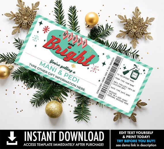 Christmas Manicure Pedicure Gift Certificate, Mani Pedi Christmas Gift Voucher | You Personalize using CORJL-INSTANT DOWNLOAD Printable