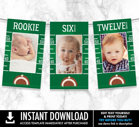 Football First Year Photo Banner - 12 Month Banner,Football 1st Birthday Party | Pre-Typed Add Photo with CORJL - INSTANT DOWNLOAD Printable