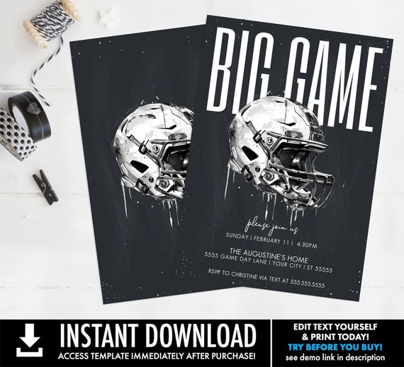Football Party Invitation, Big Game Bowl Party Invite, Birthday Party Editable Template | Edit using CORJL–INSTANT DOWNLOAD Printable