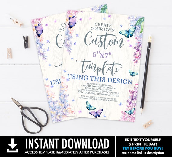 Butterfly 5x7 Custom TEMPLATE-Sign - Butterflies & Flowers, Spring Garden,Personalized | Self-Edit with CORJL - INSTANT Download Printable