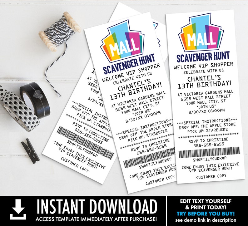 May include: White and colorful mall-themed scavenger hunt tickets with the text "Scavenger Hunt" and "Chantel's 13th Birthday!" The tickets include event details and instructions. A black and white patterned tape roll and a wooden spool of twine are in the background.