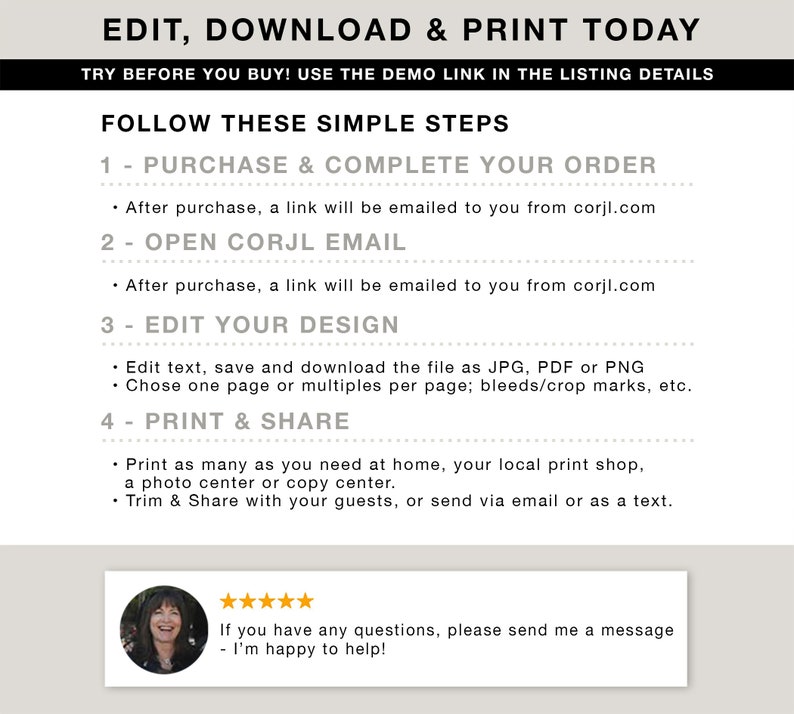 May include: A black and white graphic with instructions for editing, downloading, and printing. The text includes steps for purchasing, opening an email, editing the design, and printing. A customer service message is at the bottom.