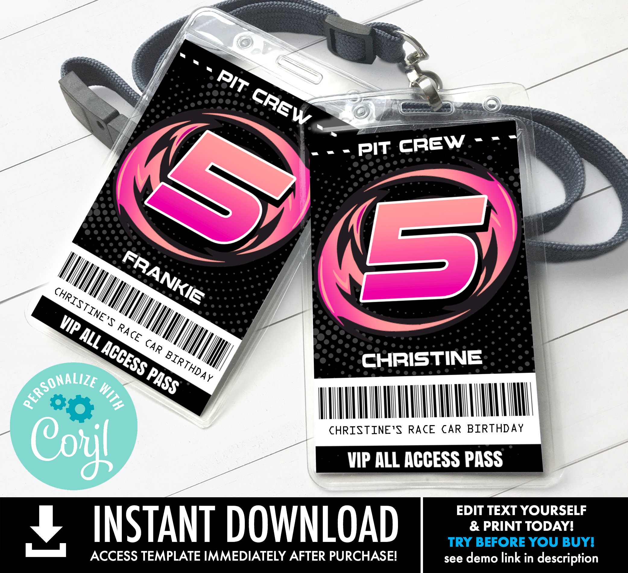 Vip Card For Racing Race Car Party Pit Crew Pass, VIP Badges, All Access Pass, Pink Girl ...