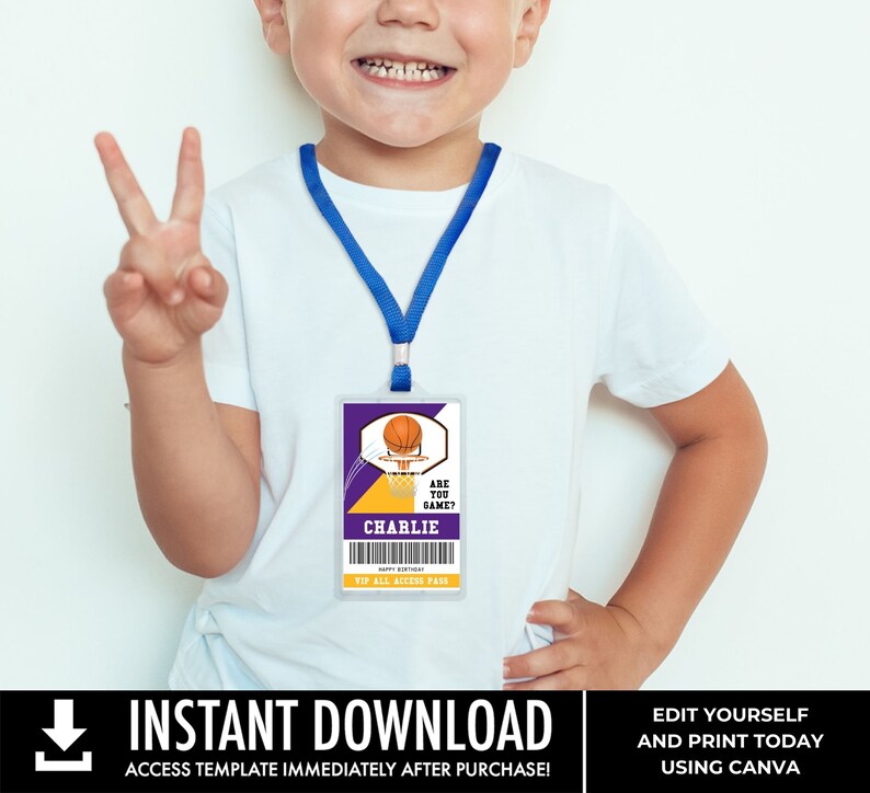 Insignias de Basketball All Star, Cumpleaños de baloncesto, Plantilla de cordón de pase VIP de baloncesto / Personalizar usando CANVA - Descarga INSTANTE Imprimible imagen 4