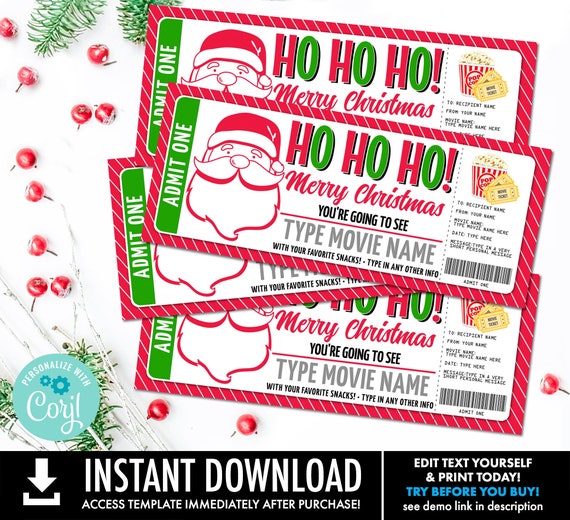 Christmas Movie Night SMALL TICKET Gift Certificate, Movie Ticket, Santa Movie Night Surprise | Self-Edit with CORJL - Instant Download