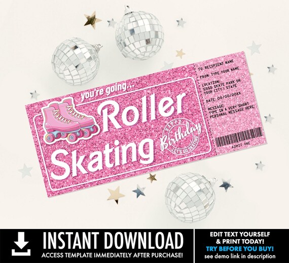 Roller Skating Birthday Barb Doll Voucher, Skating Ticket, Gift Certificate, Roller Skate Lessons, Last Minute Gift | CORJL–INSTANT DOWNLOAD