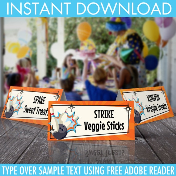 Bowling Party Food Label - Bowling Bash, Bowling Birthday, Table Tents, Place Cards, Orange/Blue | INSTANT Download Printable PDFs Il_570xn