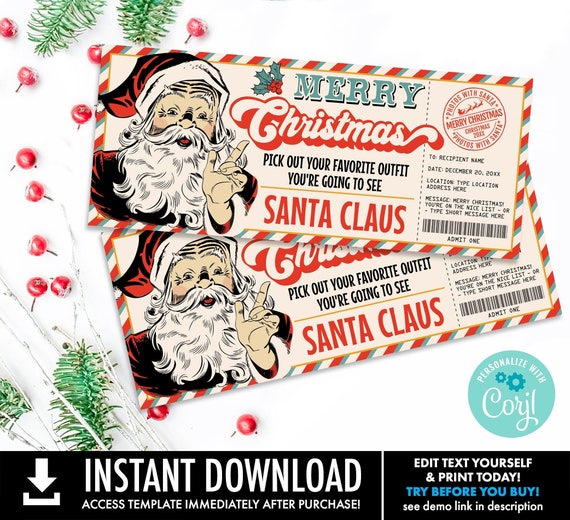 Santa Photo Ticket, Pictures with Santa Claus Voucher, Retro Santa Gift Certificate | Self-Edit with CORJL-INSTANT Download Printable