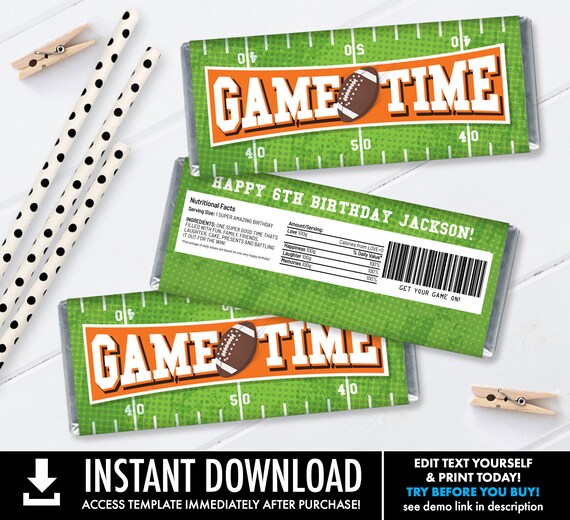 Football Candy Bar Label/Wrapper - Football Birthday, Tailgate, Bowl Party | Self-Editing with CORJL - INSTANT Download Printable Il_570xn