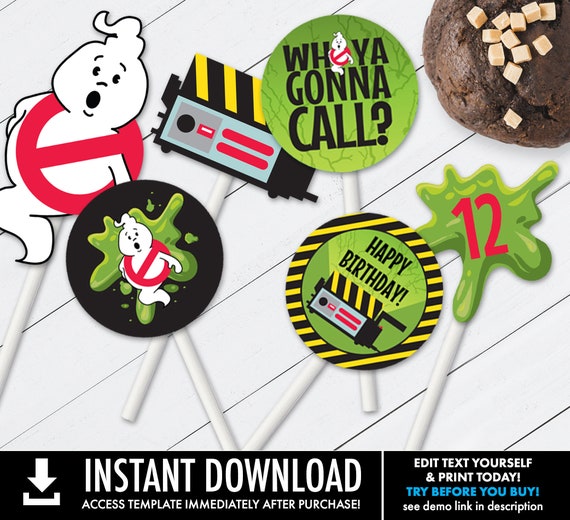 Ghost-buster Cupcake Toppers - 2" Circle Cupcake Label with 9 Different Designs | Self-Edit Text with CORJL - INSTANT DOWNLOAD Printable Il_570xn