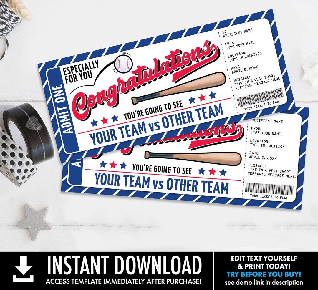 Congratulations Baseball Ticket Gift Editable Template Etsy