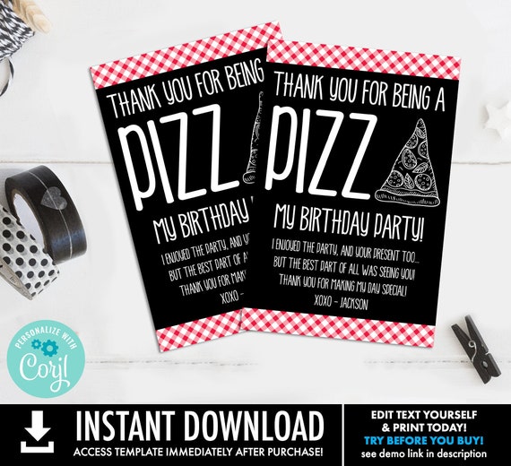 Pizza Party, Pizza Birthday, 4"X6" Chalkboard Thank You Card | Self-Edit with CORJL - INSTANT Download Printable