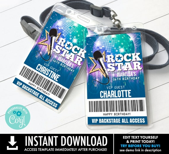 Rock Star VIP Badge,Party like a Rock Star,Rock n Roll,Backstage Pass | You Personalize using CORJL–INSTANT Download Printable Template