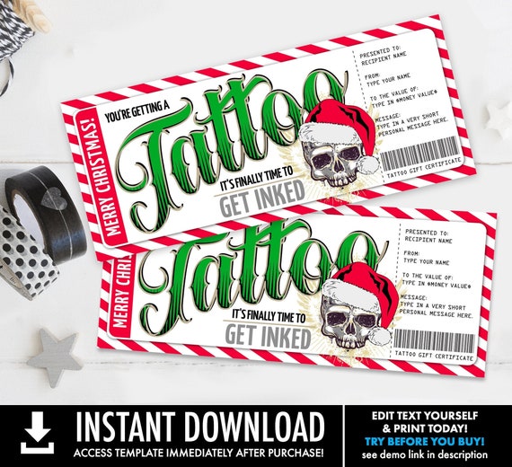 Tattoo Christmas Gift Certificate - Skull Design, Get Inked Gift Card Voucher | You Personalize with CORJL - INSTANT DOWNLOAD Printable