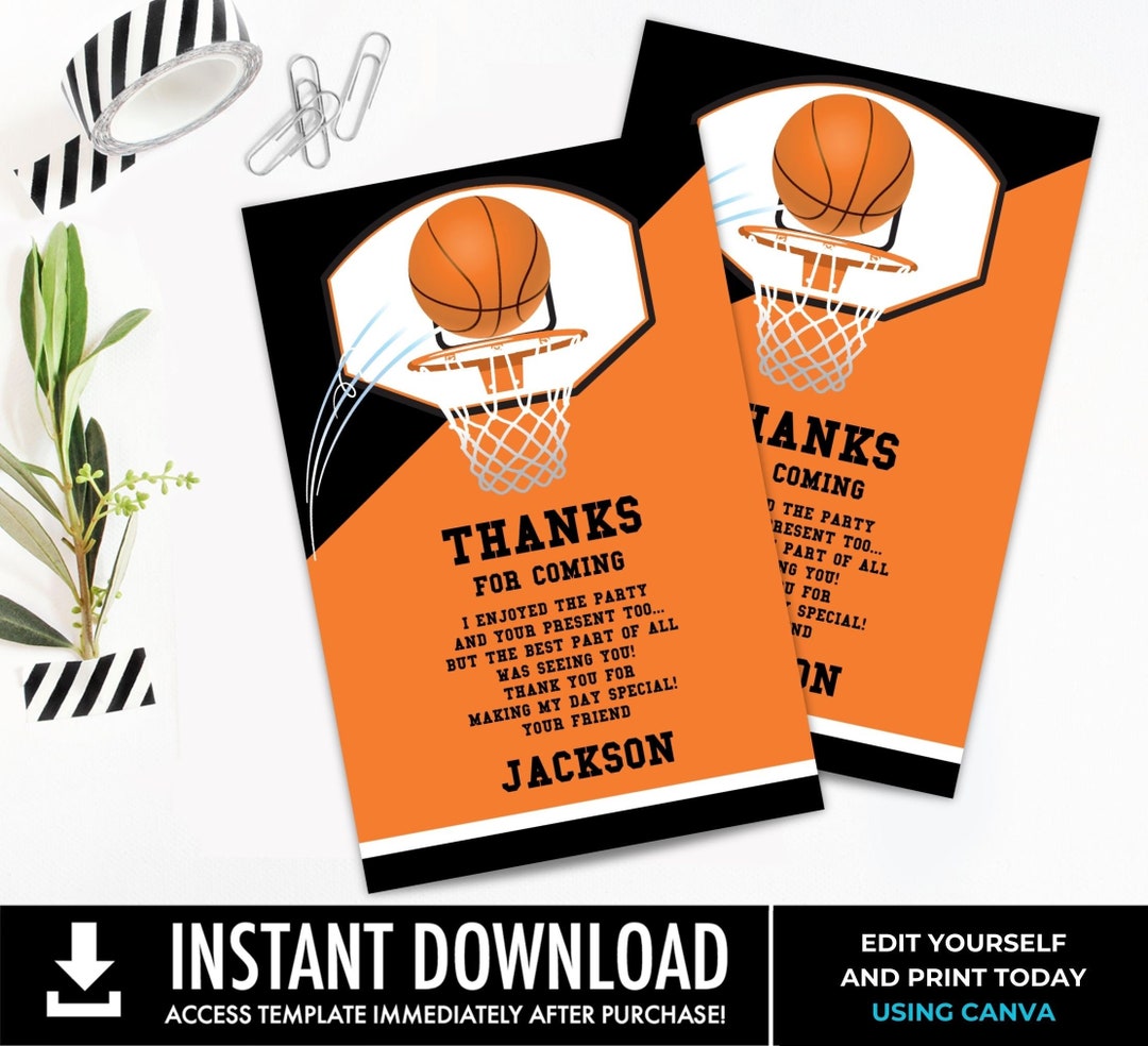 Basketball Thank You Note Basketball Party, Basketball Birthday,thank You Card Edit With CANVA INSTANT Download Printable - Etsy