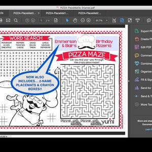 May include: A printable PDF with a word search puzzle, a pizza maze, and a chef cartoon. The text on the page says "Emmerson & Blair's Birthday Pizzeria" and "NOW ALSO INCLUDES... 2-NAME PLACEMATS & CRAYON BOXES!!"