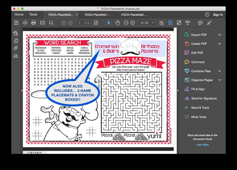May include: A printable PDF with a word search puzzle, a pizza maze, and a chef cartoon. The text on the page says "Emmerson & Blair's Birthday Pizzeria" and "NOW ALSO INCLUDES... 2-NAME PLACEMATS & CRAYON BOXES!!"