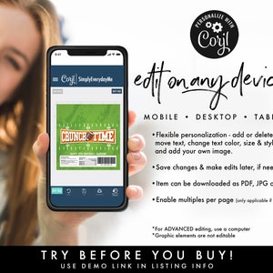May include: A smartphone displays a customizable design for a football-themed birthday party. The design features the text "CRUNCH TIME" and the words "edit on any device!" The image also includes the text "TRY BEFORE YOU BUY!"
