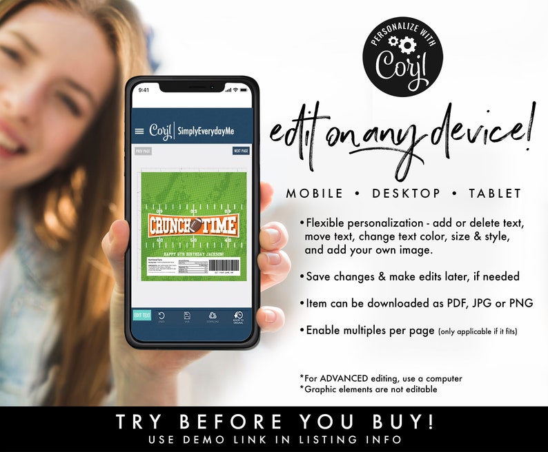 May include: A smartphone displays a customizable design for a football-themed birthday party. The design features the text "CRUNCH TIME" and the words "edit on any device!" The image also includes the text "TRY BEFORE YOU BUY!"