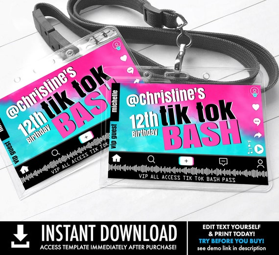 Social Media Party VIP Badge - Video Party, Dance Party, All Access Pass | Self-Edit with CORJL - INSTANT Download Printable Template Il_570xn