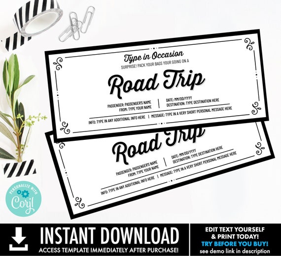 Surprise Road Trip Ticket Template-Trip Reveal, Weekend Getaway, Weekend Away  | Personalize using CORJL–INSTANT DOWNLOAD Printable