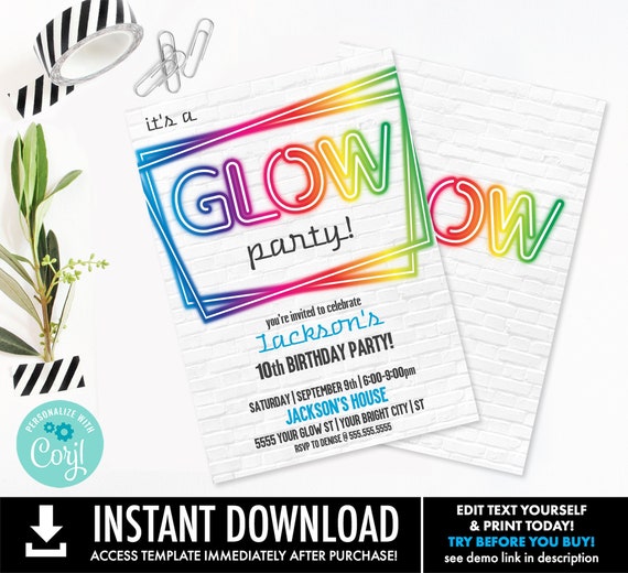 Neon Glow Party Invitation - Neon Glow Birthday, Glow Party Theme | You Personalize Text Using CORJL - INSTANT DOWNLOAD Printable Template