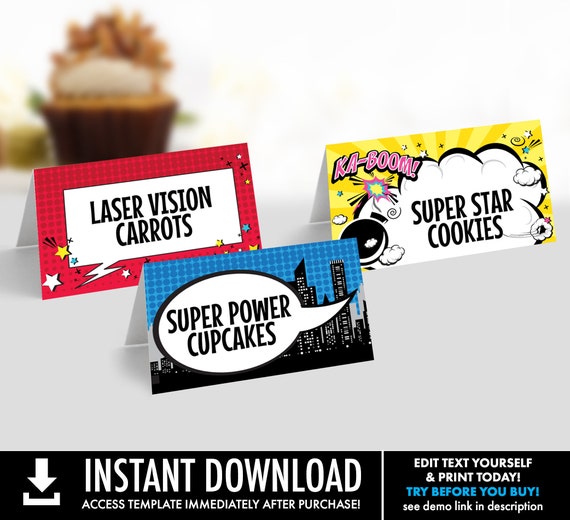 Superhero Food Labels - Superhero Party, Table Tent,Place Card,Buffet Tags,Super Hero | Self-Editing with CORJL - INSTANT DOWNLOAD Printable