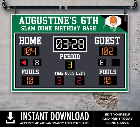 Basketball Scoreboard Printable 36"x24" Poster, Scoreboard Sign, Basketball Birthday | Edit Text using CANVA–INSTANT DOWNLOAD Printable