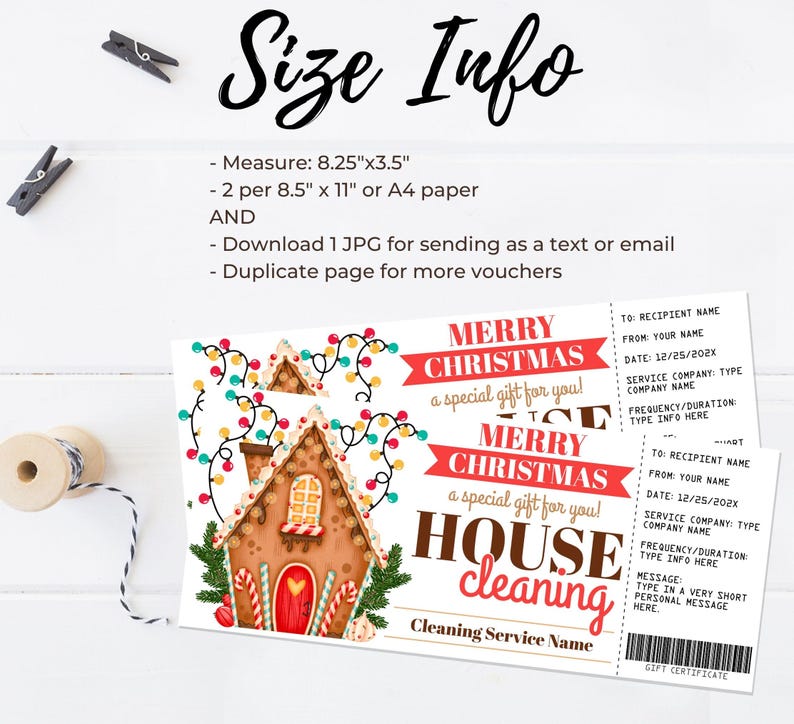 Peut inclure: Un ch&egrave;que-cadeau de No&euml;l imprimable pour des services de nettoyage de maison. Le design pr&eacute;sente une maison en pain d'&eacute;pices avec des cannes en sucre rouge et blanc et une guirlande lumineuse. Le texte indique "Joyeux No&euml;l un cadeau sp&eacute;cial pour vous ! Nettoyage de maison".
