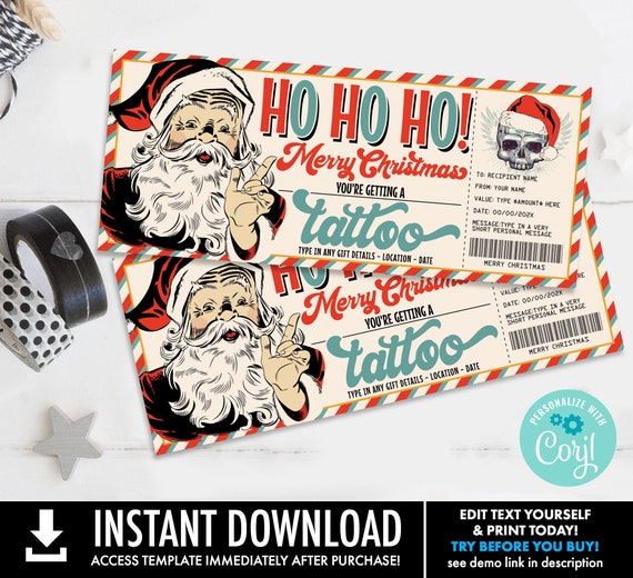 Christmas Tattoo Gift Certificate,Time To Get Inked Gift Voucher,Skull Retro Santa | You Personalize with CORJL-INSTANT DOWNLOAD Printable