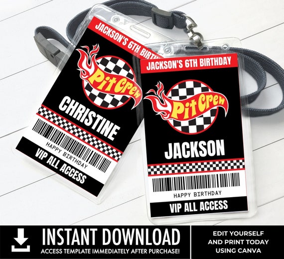 Pit Crew Badge,Cars Birthday Party,VIP All Access Badge,Pit Crew ID Badge,Race Car | Edit using CANVA–Instant Download Printable