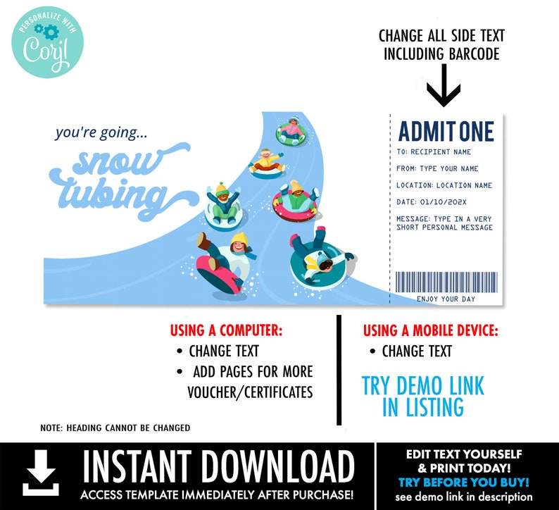 Snow Tubing Gift Certificate Snow Sledding Surprise Gift Etsy