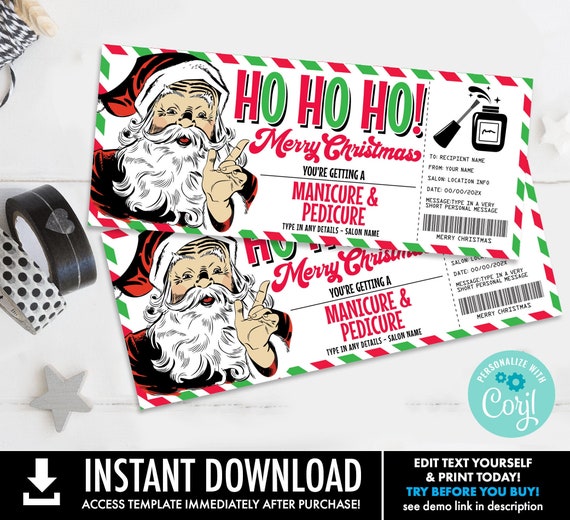 Christmas Manicure Pedicure Gift Certificate, Mani Pedi Gift Voucher,Retro Santa | Self-Edit with CORJL-INSTANT DOWNLOAD Printable