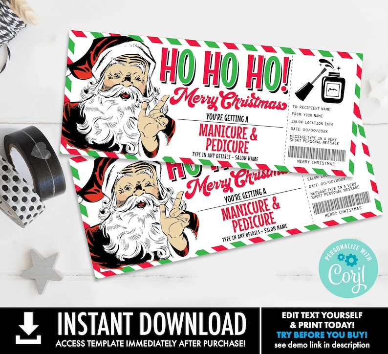 K&ouml;nnte beinhalten: Ein druckbares Weihnachtsgeschenk-Zertifikat f&uuml;r eine Manik&uuml;re und Pedik&uuml;re. Das Zertifikat zeigt ein Cartoon-Bild vom Weihnachtsmann mit dem Text "Ho Ho Ho! Frohe Weihnachten" und "Sie bekommen eine Manik&uuml;re & Pedik&uuml;re".