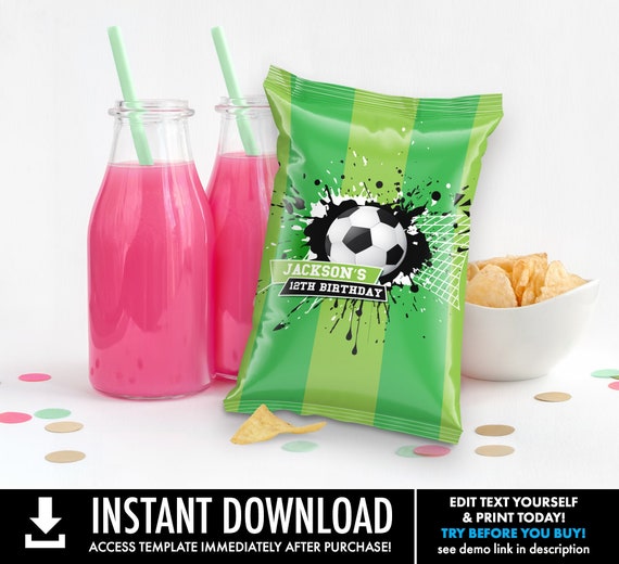Soccer Party Chip Bag Label/Wrap - Soccer Wrapper, Soccer Birthday | Self-Editing with CORJL - INSTANT Download Printable