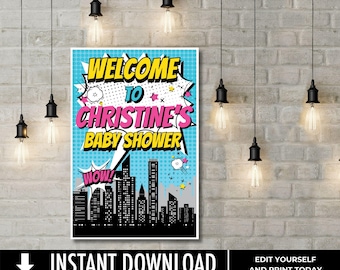 Superhero Welcome Sign, Superhero Birthday Party, Comic Book 18X24 sign, Poster/Sign Printable Template | Edit on CANVA - INSTANT DOWNLOAD