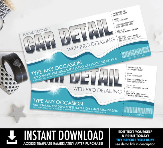 Car Detailing Gift Certificate, Car Detail Surprise Gift Voucher | Self-Edit with CORJL - INSTANT DOWNLOAD Printable Template